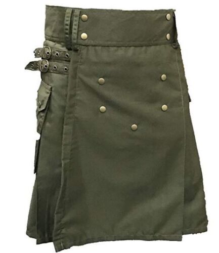Herren Scottish Utility Kilt Olivgrün Baumwolle Cargo Taschen Rock Highland Kilt - Bild 2 von 8