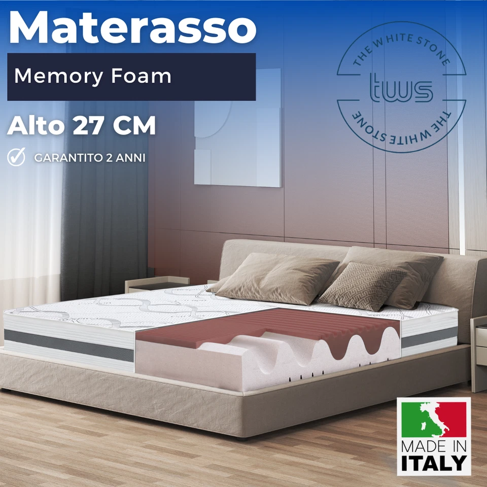THE WHITE STONE Materasso Memory Foam 27 cm | Ergonomico, Anallergico, Traspirante, Ortopedico