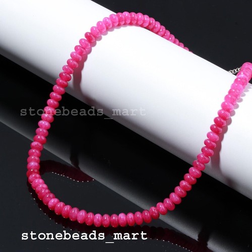 925 Sterling Silver, Hot Pink Chalcedony 8MM Rondelle Gemstone Necklace 18" - Foto 5 di 11