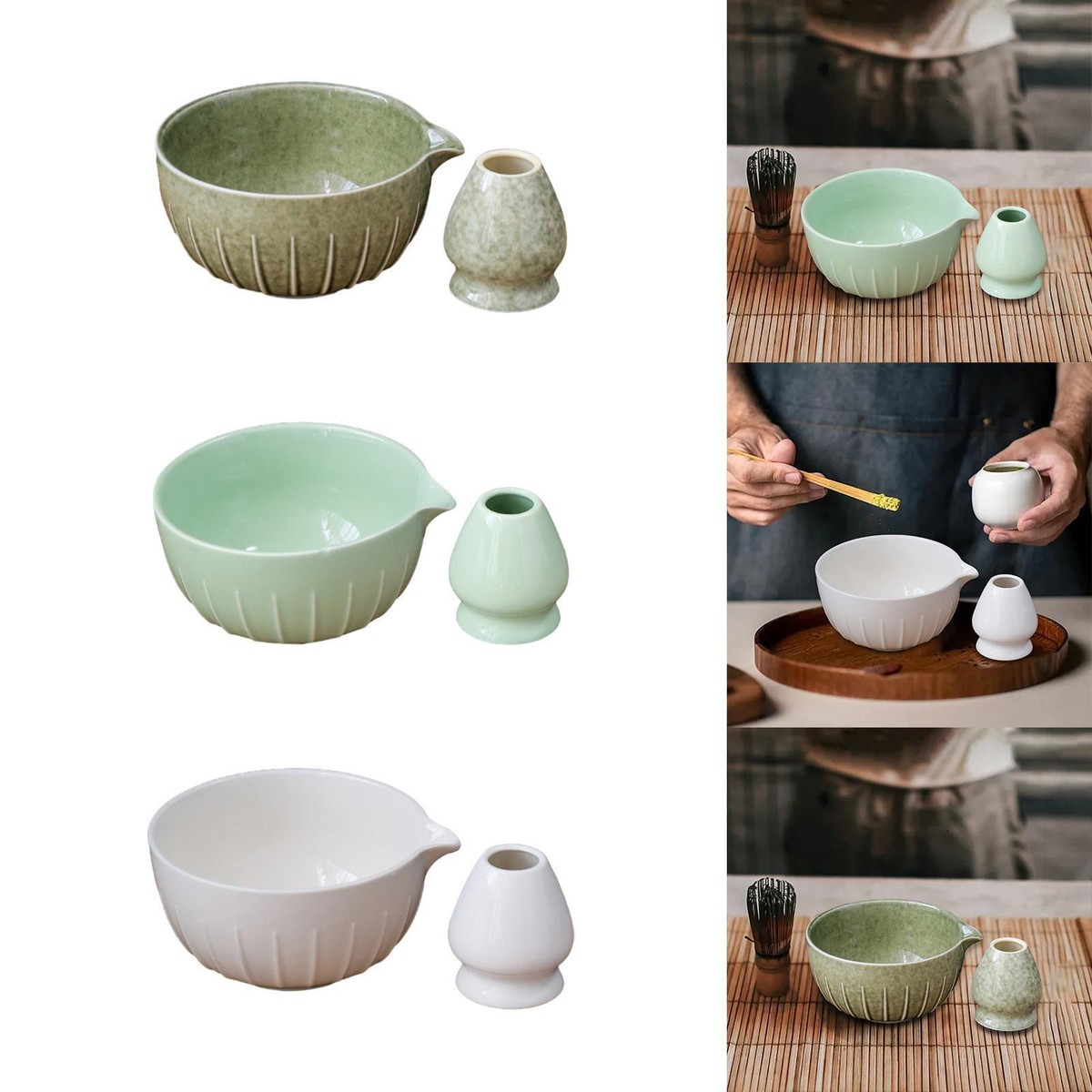 Matcha Bowl with Pouring Spout and Whisk Holder Gift Ceramic for