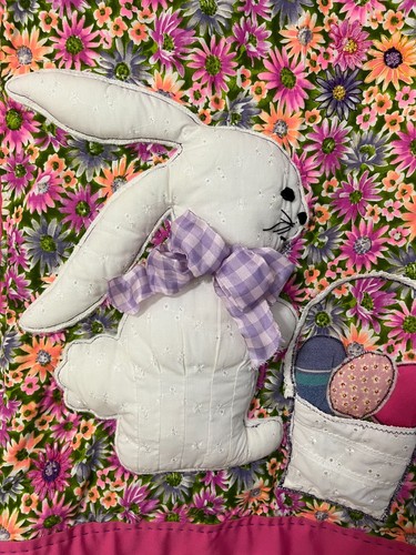 EASTER BUNNY BANNER FLAG Decoration Handmade SEWN Top Tabs Pocket Basket Rabbit - Picture 2 of 6
