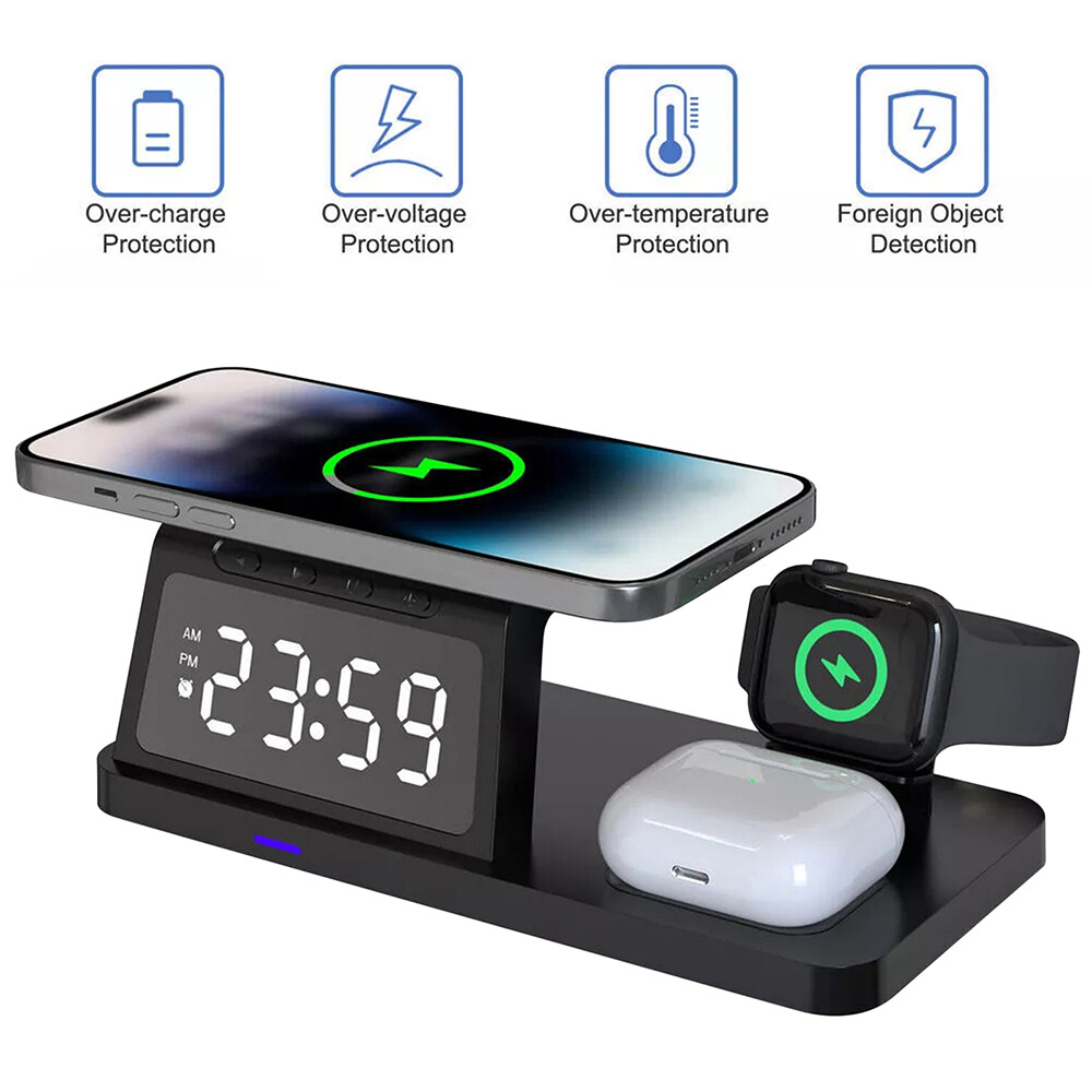 Wireless Charger Fast Charging Station Alarm Clock for iPhone iWatch Air Pods-image