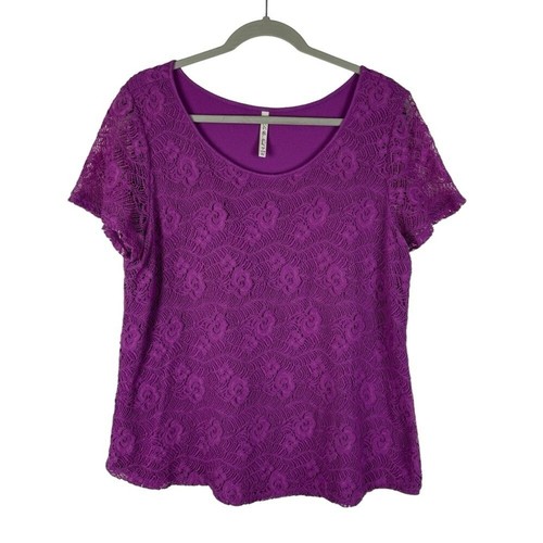 Leo & Nicole Lace Floral Blouse Women's XL Purple Sheer Short Sleeve - Picture 5 of 8