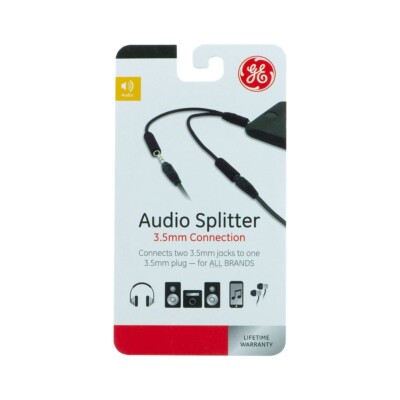 GE 2-Way 3.5mm Headphone Splitter, Black