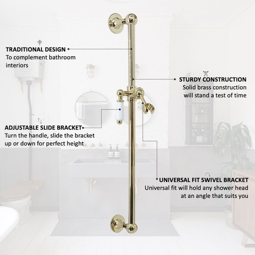 Slider Riser Rail Shower Holder Pole Ceramic English Gold Solid Brass ENKI S23 - Picture 2 of 3
