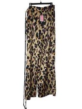 PrettyLittleThing Women 10 Brown Leopard Wide Leg Satin Pants Logo Trim Y2Kvibes