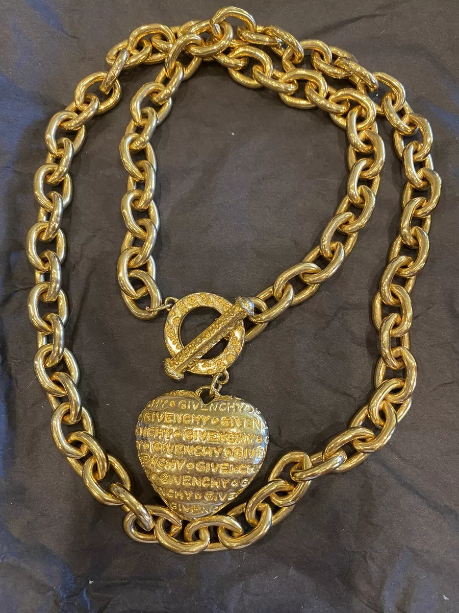 Givenchy Gold Plated Puffy Logo Heart Charm Long Chain Link Necklace