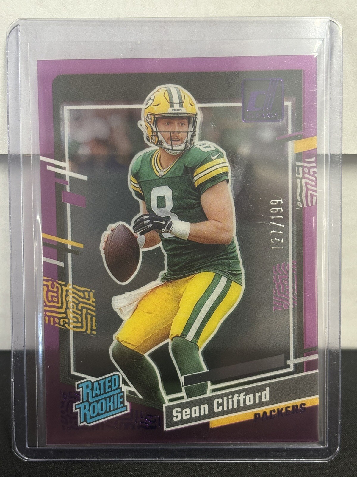 2023 Panini Clearly Donruss Sean Clifford Rated Rookie Purple /199 Packers #82