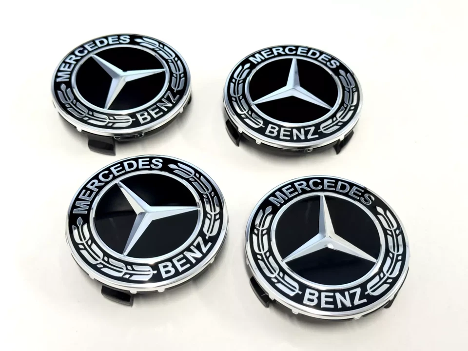 4PC Set For Mercedes-Benz Laurel Wreath Black Wheel Center Hub Caps 75mm - Image 3 of 4