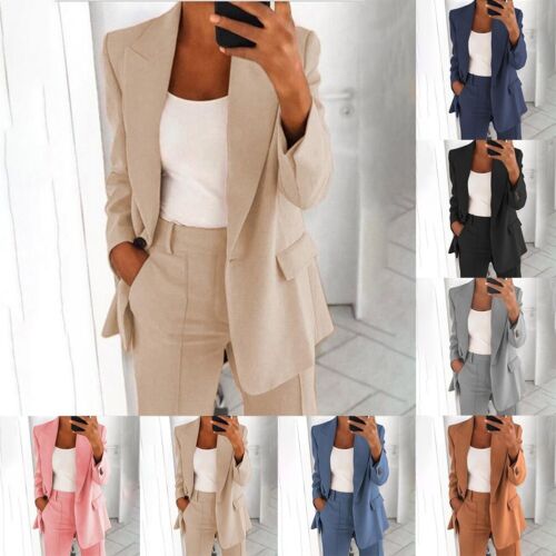Jacket Women Blazer Suit Comfortable Fit Open Front Formal Work Long Sleeve - Picture 1 of 18