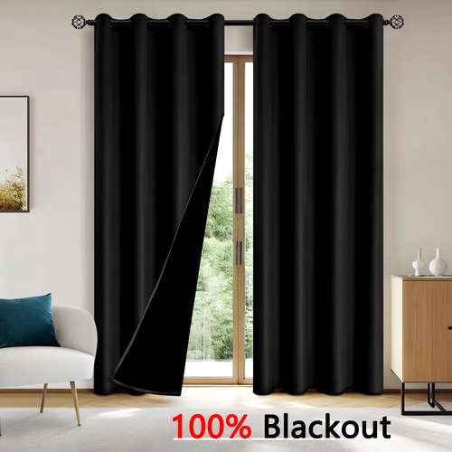 1Pc Solid Color Full Shading and Sun Protection 100% Blackout Curtains, Bedroom - Picture 9 of 19