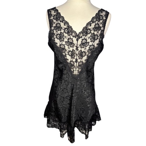 Vintage Val Mode Black Satin Sheer Lace Inset Chemise Ruffle Hem Lingerie Med
