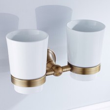 Antique Brass Wall Mounted Bathroom Toothbrush Holder With Dual Ceramic Cups