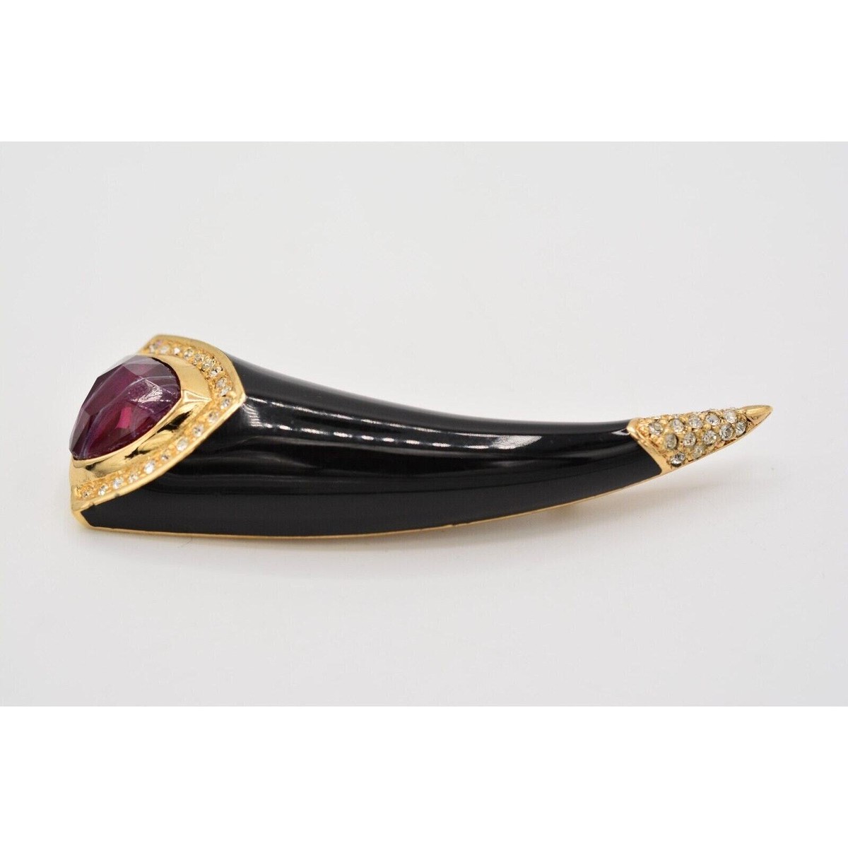 Christian Dior Vintage Horn Pin Brooch Black Cat Eye Red