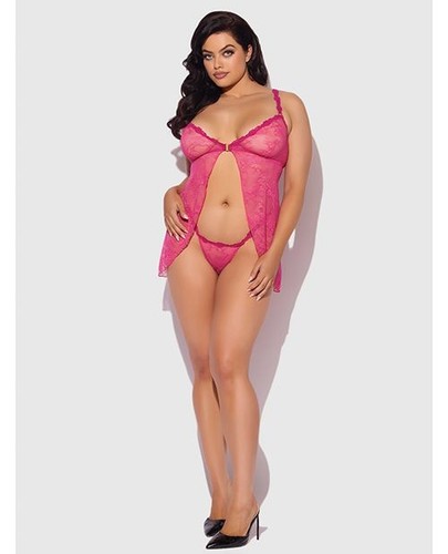 Conjunto de lencería Babydoll de encaje talla grande Yvone rosa 3X/4X clip frontal - Imagen 5 de 5