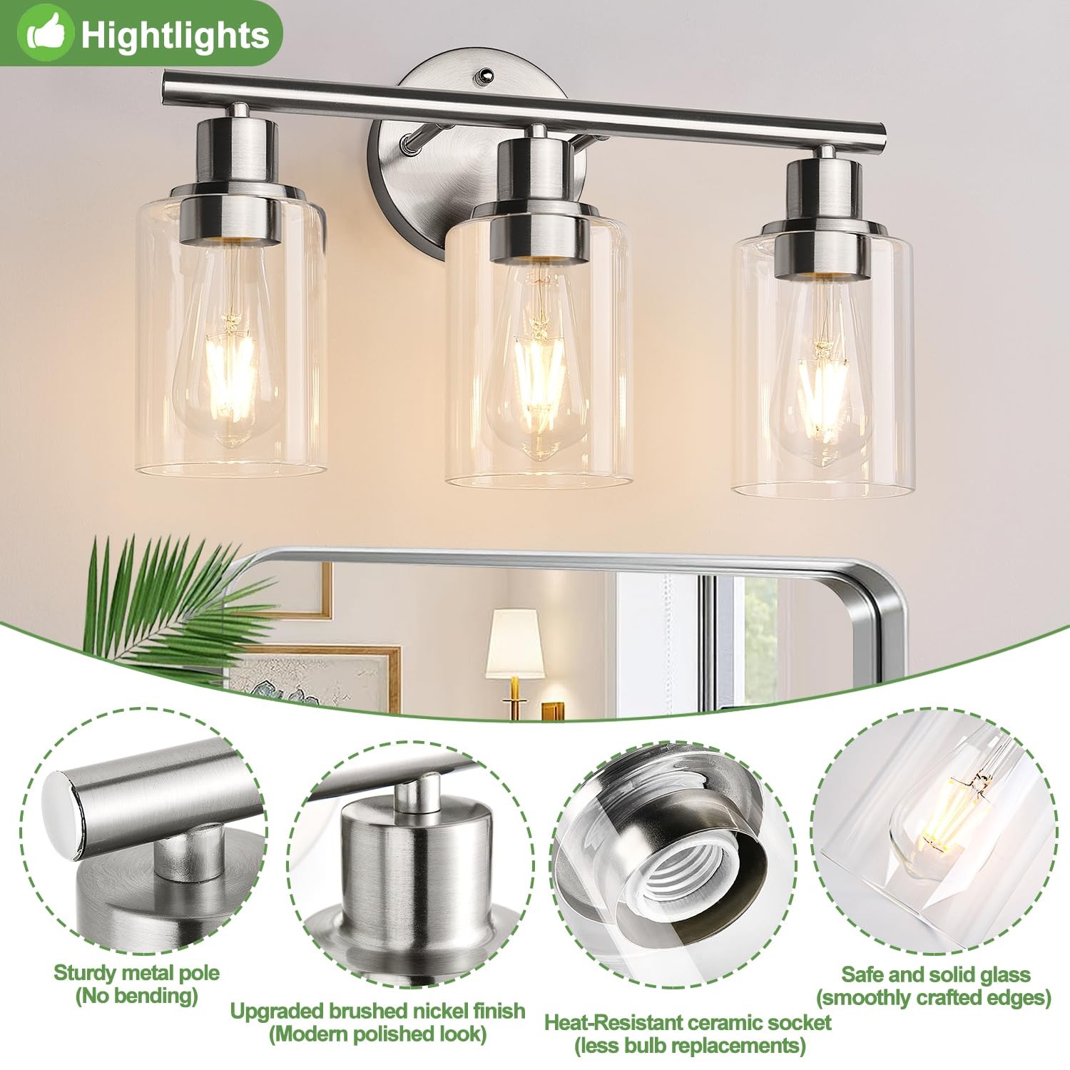 3-Light Bathroom Light Fixtures, Brushed Nickel Vanity Light, Farmhouse Wall ...