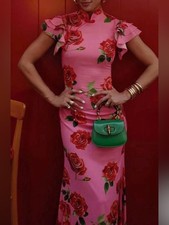 Cheongsam Rose Floral Print Tiered Flare Sleeve Stretch Maxi Dress Size S NWT
