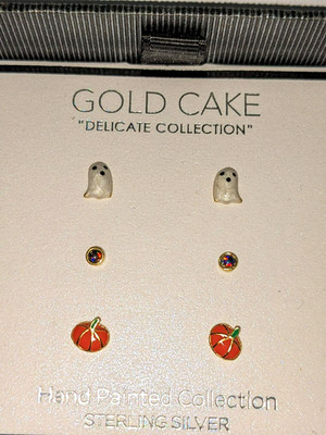 Gold Cake Halloween 3 Sterling Silver 925 Stud Earrings Crystal GhostPumpkin NIB