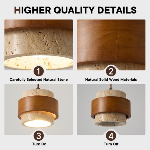 Natural Stone Pendant Light, Wabi Sabi Travertine & Wood Hanging Lamp for Kit... - Bild 5 von 7