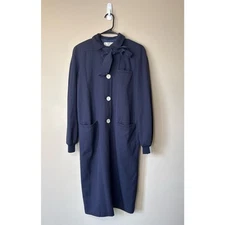 Vintage Valentino Miss V Navy Blue Wool Long Sleeve Midi Dress Small
