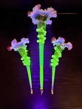 Uranium Glass Epergne Set of 3 Trumpets in Vaseline Cranberry Antique Victorian