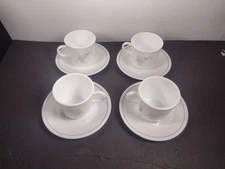 Set of 4 Corelle Corning Coffee Cups & Saucers   Solitary Silver Rose 