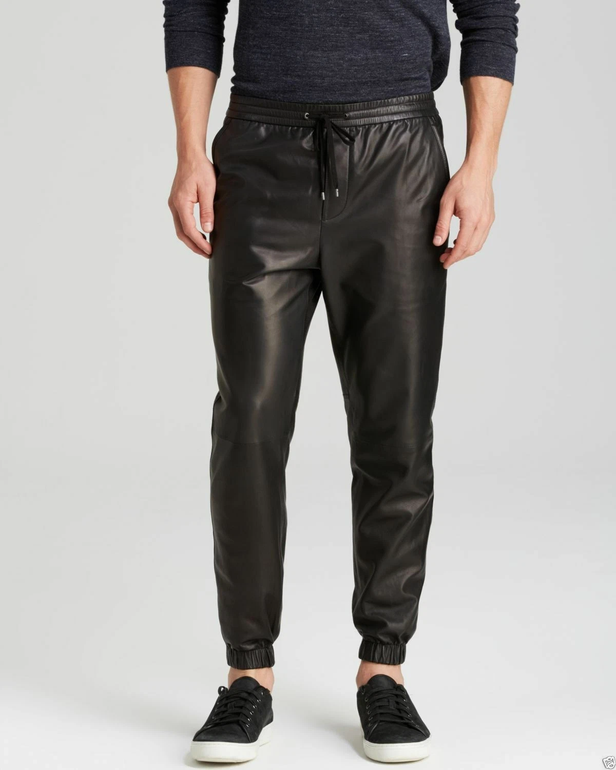 Men's Leather Black Lambskin Slim Sweat Pants Jogger trousers