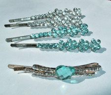 5 VINTAGE BLUE AND WHITE RHINESTONE SILVER BOBBY HAIR PINS