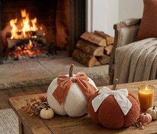 8.5" Plush Sherpa Pumpkin with Bow Cozy Fall Autumn Decor Choose White Terracott