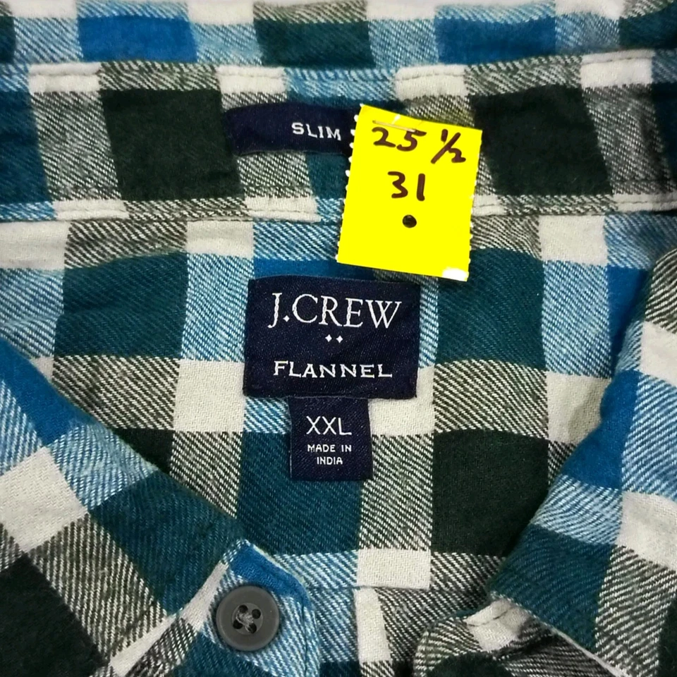 J CREW Plaid Shirt Men Button Up Shirt Long Sleeve Flannel Blue Green Size 2XL - Image 2 of 4