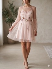 Coquette Fairycore Mesh Dress Pastel Butterfly Floral Long Bishop Sleeve Novelty