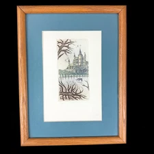 Signed Framed RH Badeau Print Enchanted Unicorn Castle Trees Oak Frame