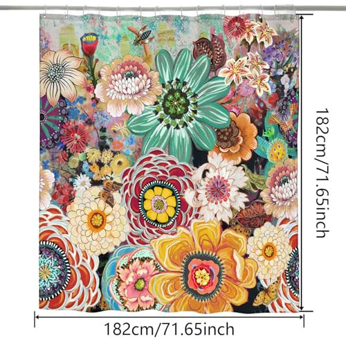 Boho Floral Shower Curtain, Colorful Artistic Flowers Pattern Bathroom Decor, - Picture 4 of 7