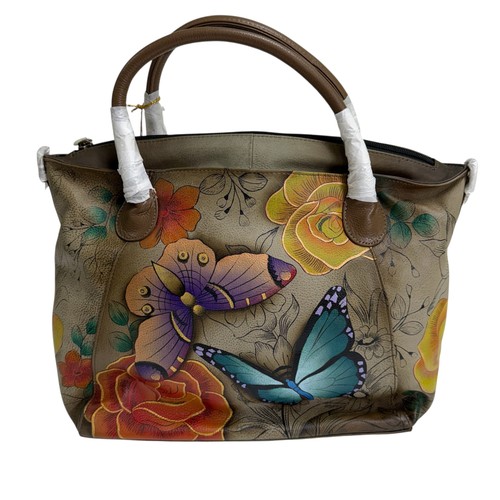 Anuschka Butterfly Flowers Floral Paradise Tan Leather Purse Shoulder Tote Bag - Picture 2 of 2