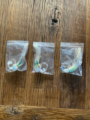 Pearl Color with Green Beads Salmon Trolling Flies / 4 Inch Pack Of 3- Rigged