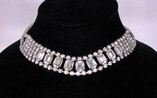 Rhinestone Choker Necklace Silver Metal 14" Chain - 2876t