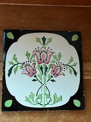 Vintage Shabby Black & White w Pink Tulip Flowers Thick Square Pottery Tile Triv