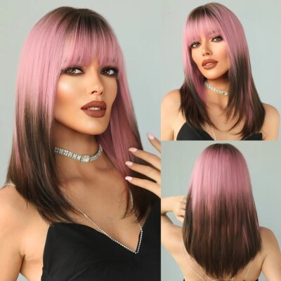 Straight Pink Wigs for Women Ombre Pink Synthetic Layered Wig with Bang