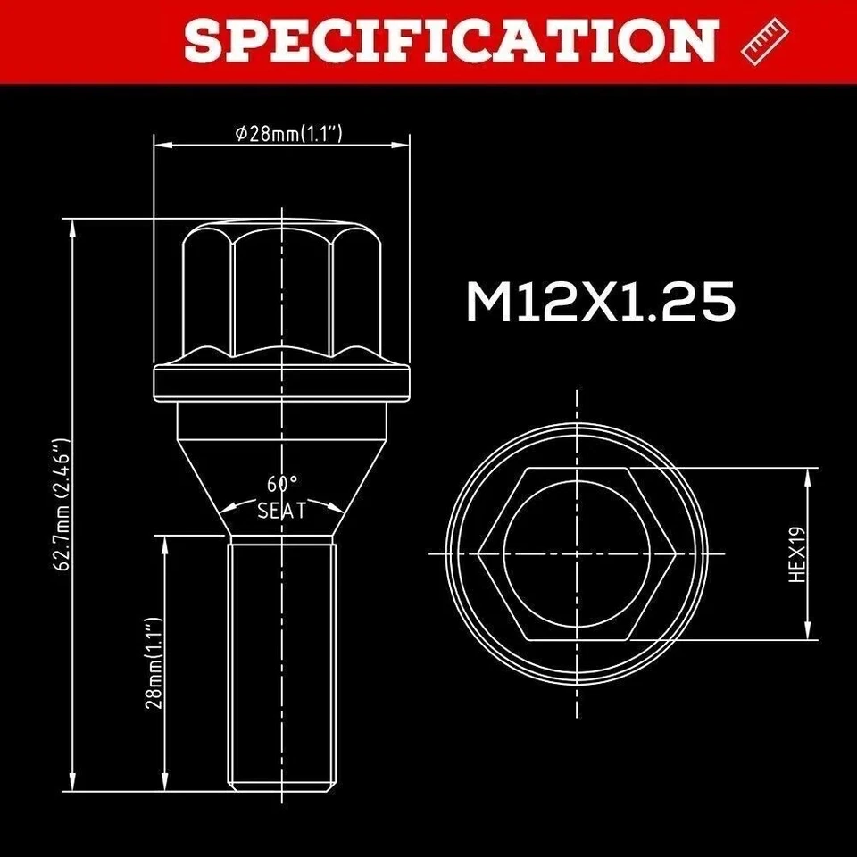 20 pernos de tuerca de rueda M12x1,25 OEM/Stock para Jeep Cherokee Compass Dodge Dart Foto 3 de 4
