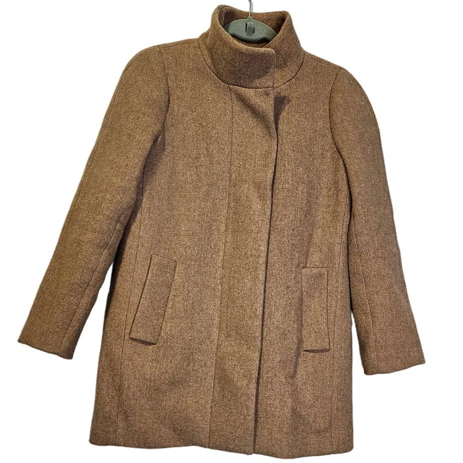 J.Crew 2 Petite City Coat Camel Brown Wool Blend Funnel Neck Classic Career