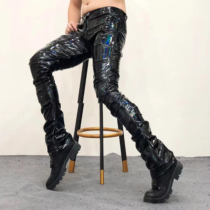 Men's Crinkle Faux Leather Pants Laser Holographic Shiny Stage Punk PU  Trousers