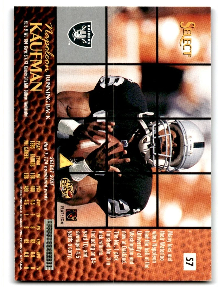 1996 Select Napoleon Kaufman Oakland Raiders #57 - Image 2 of 2