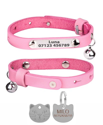 Personalised Genuine Leather Plated Cat Collar With Engraved Cat Face Pet ID Tag - Picture 15 of 16