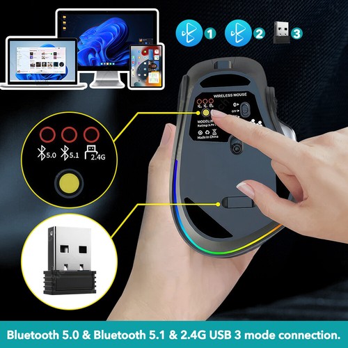 2.4G Bluetooth Gaming Mouse Ergonomic RGB Backlit Wireless Mouse for Multi-Devic - Picture 8 of 13