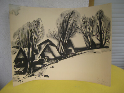 Watercolour village view with houses / trees signed: Paul Erich Felger Leiningen