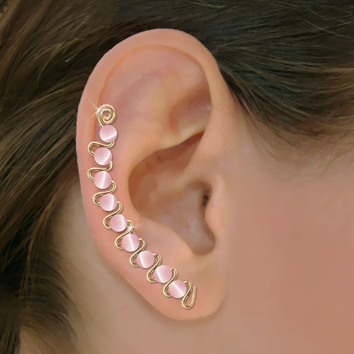 Ear Climbers Ear Crawlers Sweeps Earring Gold with Pink Cats Eye Beads