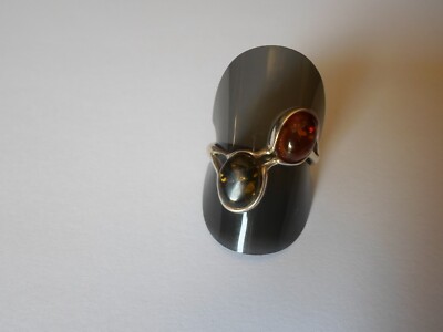 Bague En Argent Massif Avec Duo D'ambres - Taille 60 - Bijou Vintage Occasion