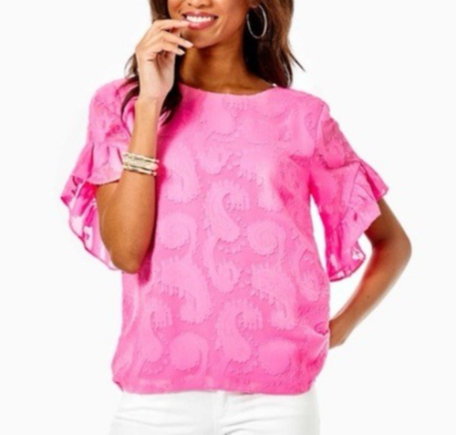 Lilly Pulitzer Womens Top S Darlah In Cockatoo Pink Ruffle Bell Feminine Preppy