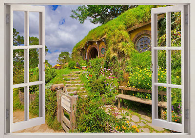 Hobbit Natur Szene Landhaus Haus 3D Effekt Sicht Fenster Aufkleber Vinyl Poster 390