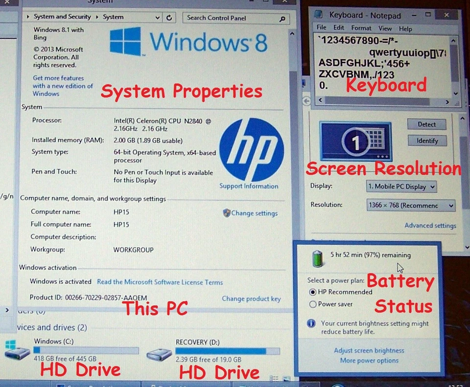 HP 15-r127nv Laptop 15.6" Intel N2840 2.16 GHz, 2GB, 500GB HD, WifI, HDMI, Win 8 - Image 3 of 4